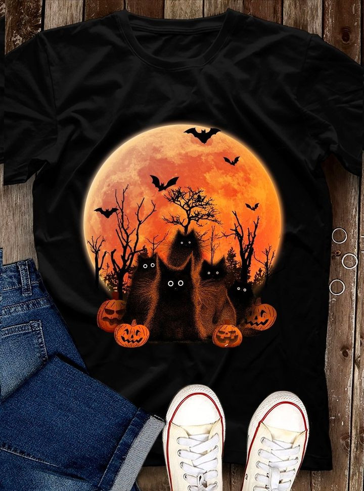 Black Cat Halloween Shirt Red Full Mom Pumpkin Halloween Gifts For Black Cat Lovers