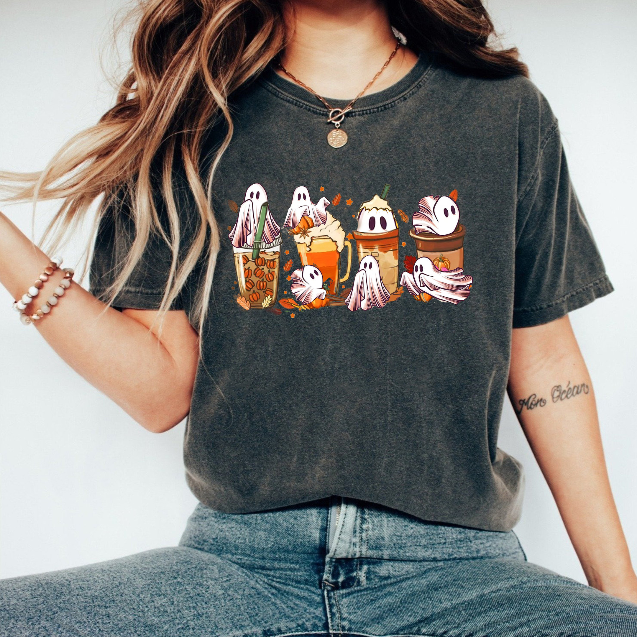 Ghost Fall Drinks And Pumpkin Spice Latte Shirt Halloween Ideas Funny T-Shirt Gifts For Friends