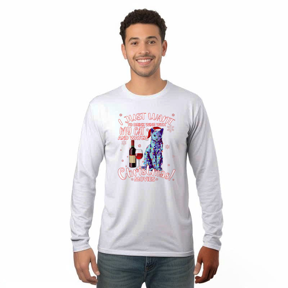 I Just Want To Drink Wine With My Cat Long Sleeve Shirt Gift For Cat Lovers