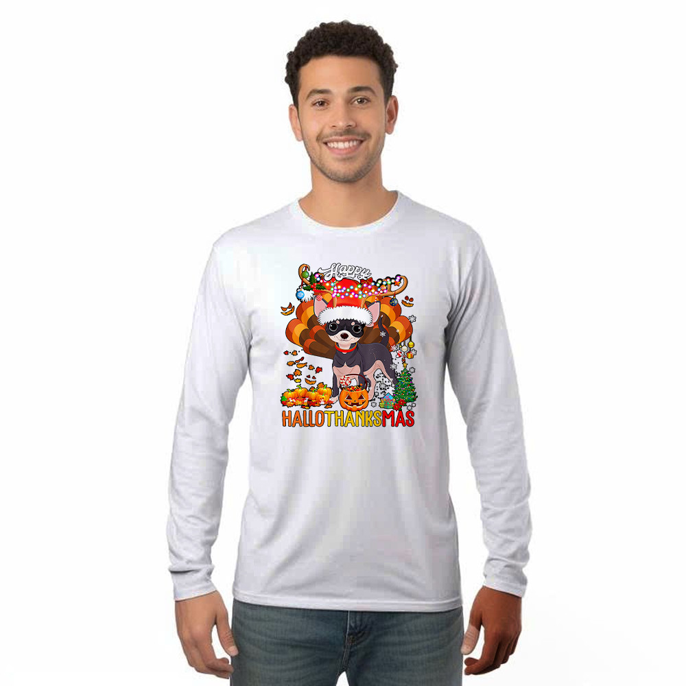 Reindeer Santa Turkey Chihuahua Shirt Hallothanksmas Happy Long Sleeve Shirt Gift For Chihuahua Lovers