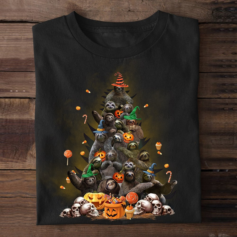 Sloth Witch Halloween Tree Shirt Pumpkin Halloween Themed Gifts For Sloth Lovers