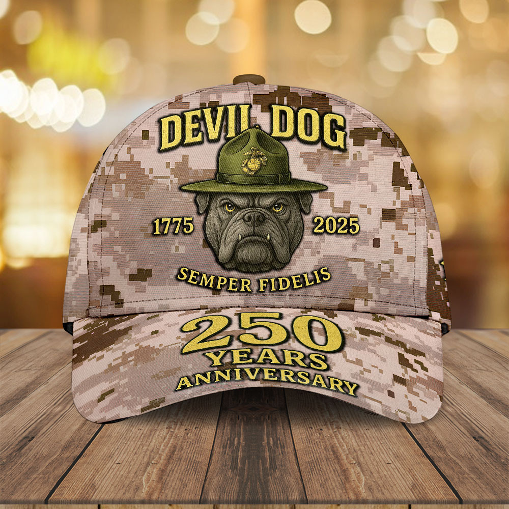 Devil Dog USMC 250 Years Anniversary Camo Hat Semper Fidelis Ball Cap Gifts For Veterans Rivonaprint
