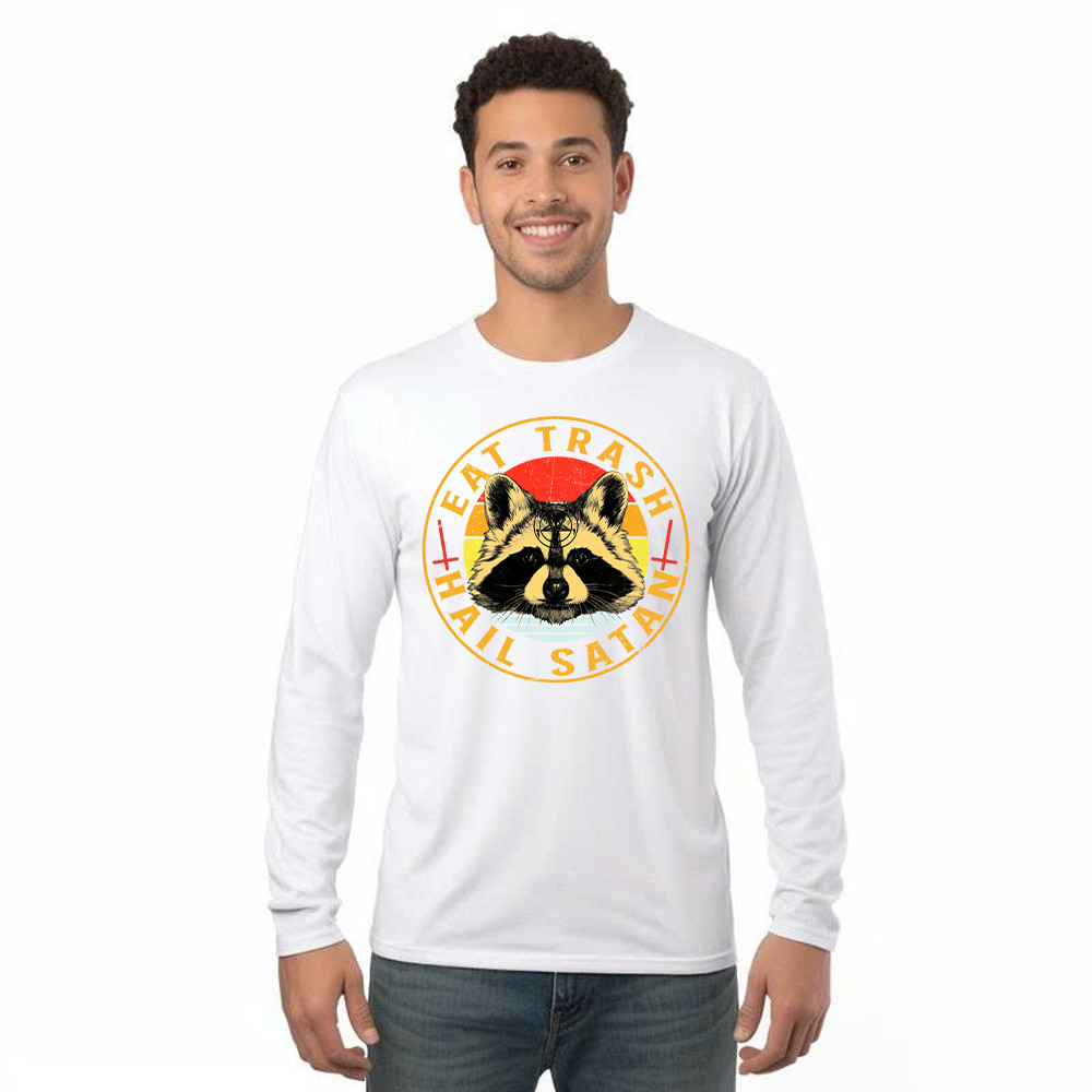Eat Trash Hail Satan Shirt Racoon Graphic Retro Long Sleeve Shirt Design Gift For Him Rivonaprint