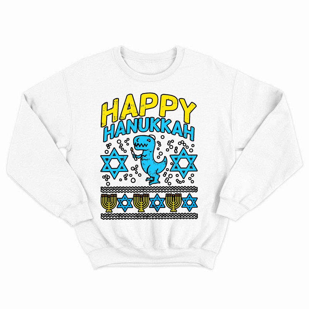 T-Rex Dinosaur Happy Hanukkah Jewish Sweatshirt Jewish Birthday Gifts For Boys Rivonaprint