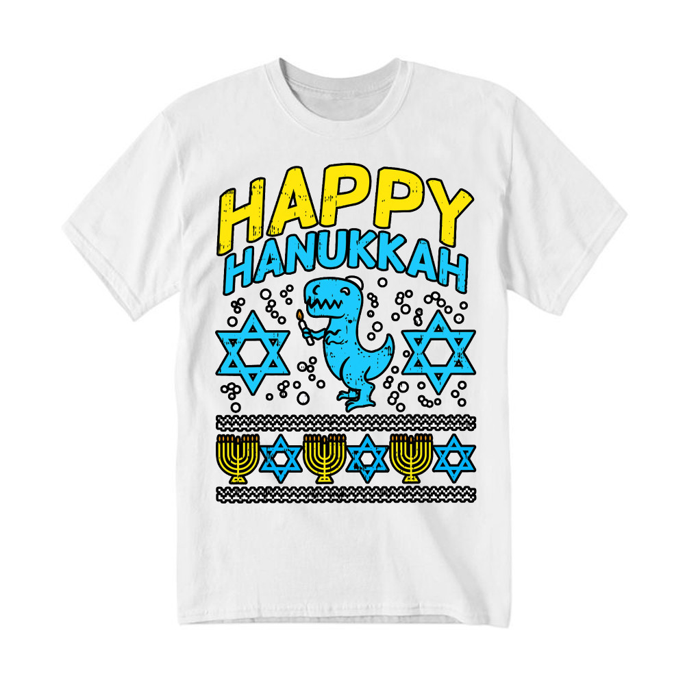 T-Rex Dinosaur Happy Hanukkah Jewish T-Shirt Jewish Birthday Gifts For Boys Rivonaprint