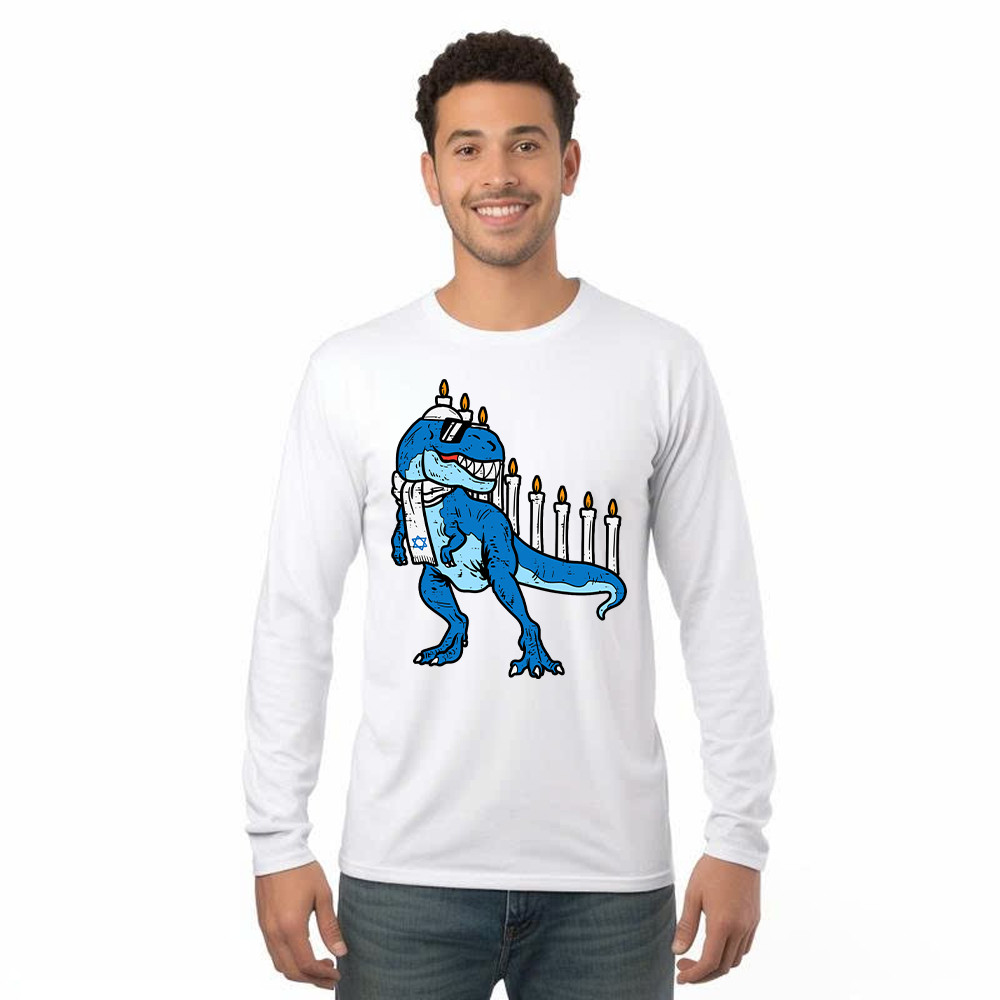 T-Rex Dinosaur Menorah Hanukkah Jewish Boys Long Sleeve Shirt Jewish Birthday Gifts For Boys Rivonaprint