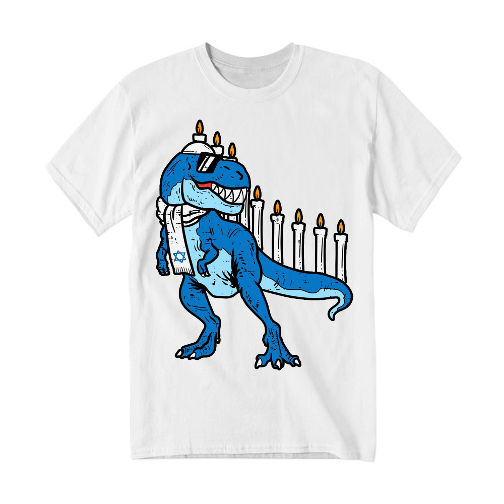 T-Rex Dinosaur Menorah Hanukkah Jewish Boys Shirt Jewish Birthday Gifts For Boys Rivonaprint