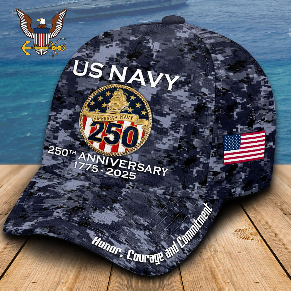 US Navy 250th Anniversary Camo Hat Honor Courage And Commitment Navy Veteran Merch Gifts Rivonaprint