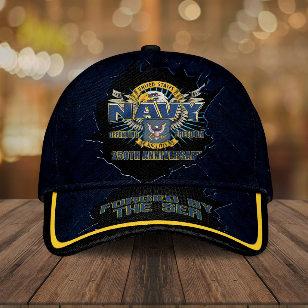 US Navy 250th Anniversary Hat Defending Freedom Forged By The Sea USN Merch Gifts Rivonaprint