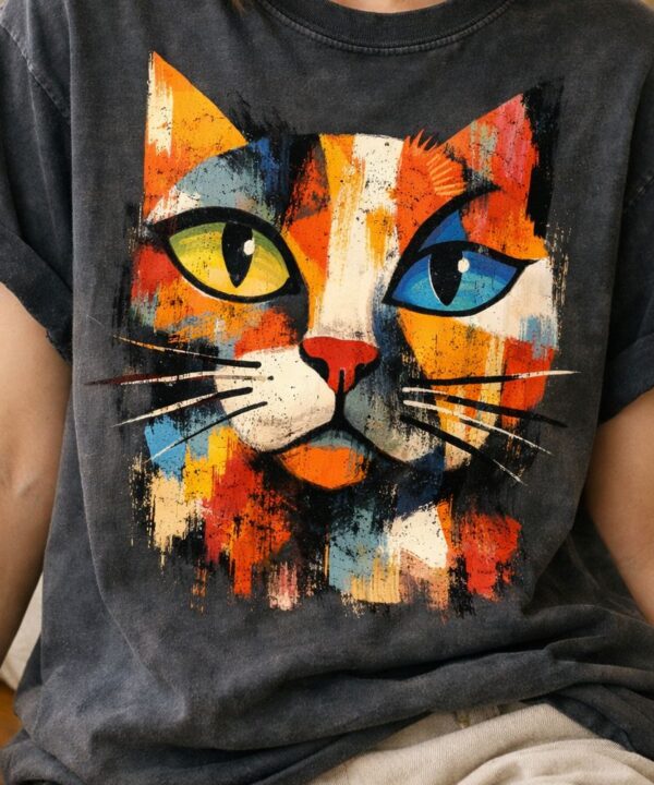 Abstract cat face on vintage T-shirt
