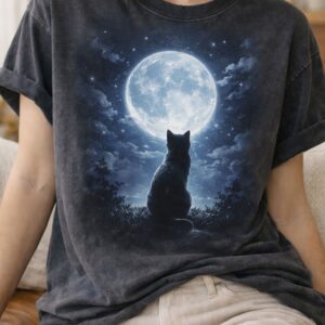 Cat and moon themed T-shirt design
