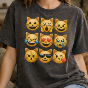 Cat emoji collage on vintage T-shirt