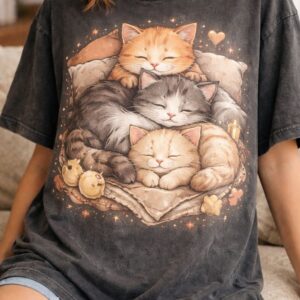 Cozy cat trio on a T-shirt