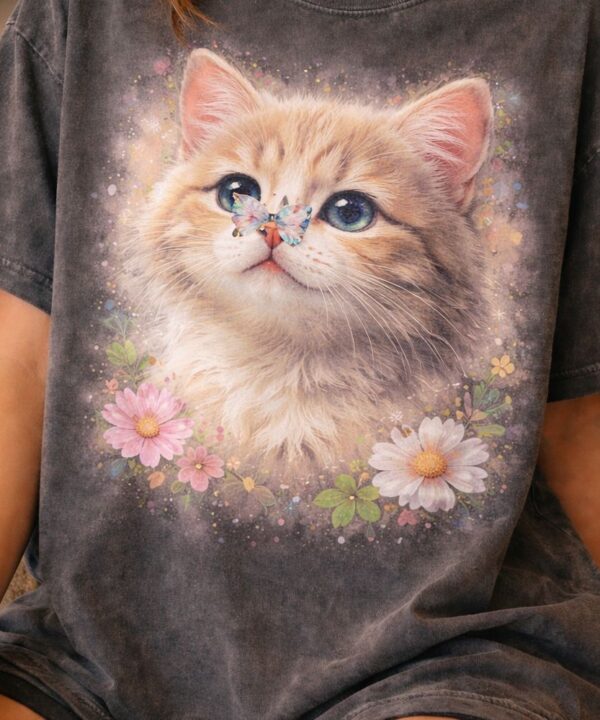 Fluffy kitten and butterfly T-shirt design