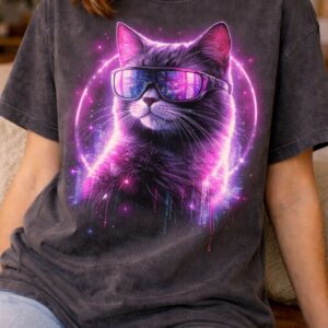 Futuristic neon cat on vintage T-shirt