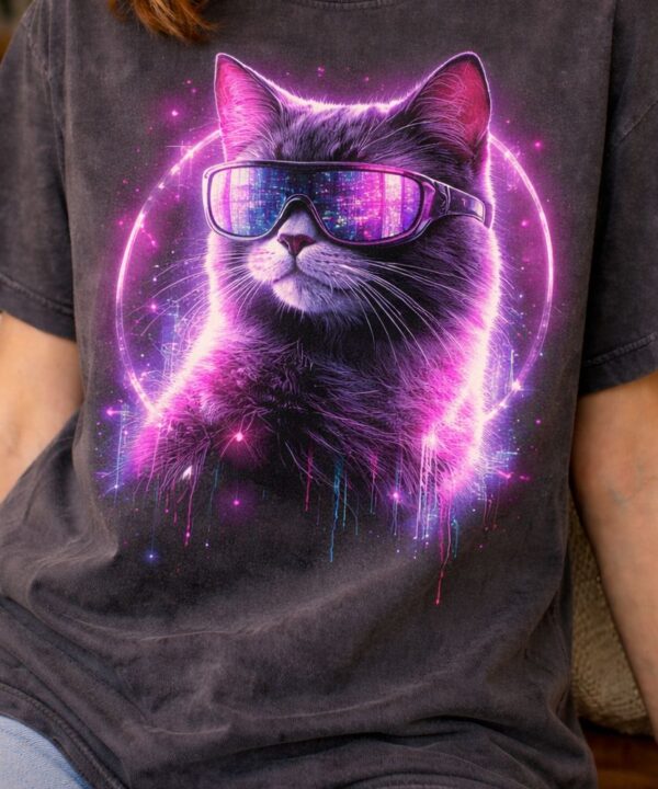 Futuristic neon cat on vintage T-shirt