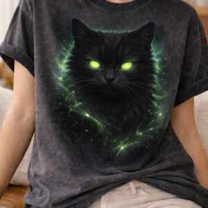 Glowing cat on dark T-shirt design