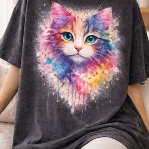 Watercolor cat design on T-shirt