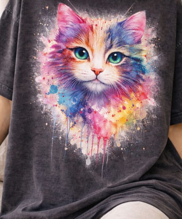 Watercolor cat design on T-shirt